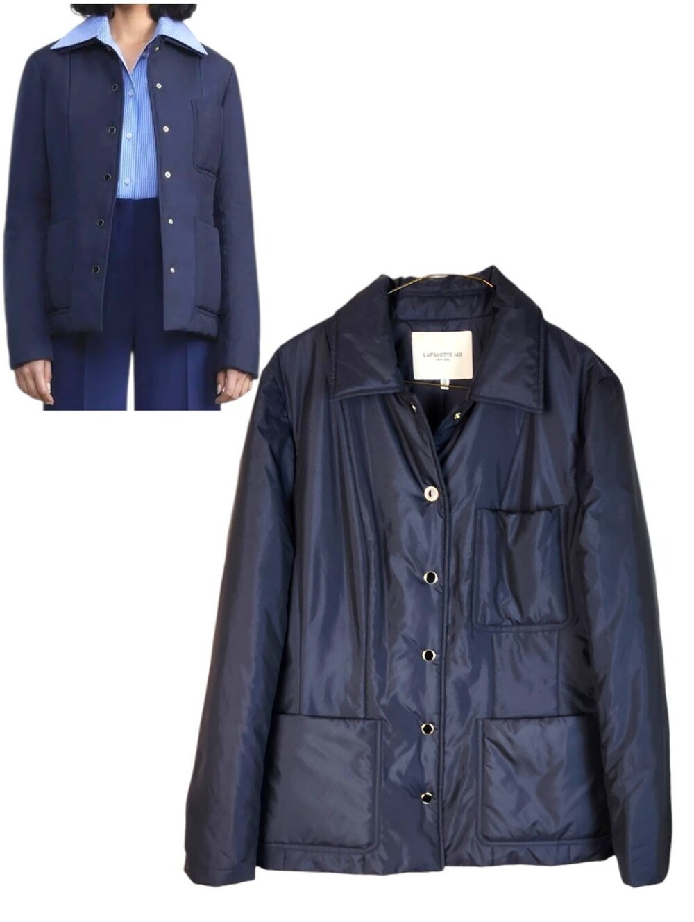 Lafayette 148 Womens Recycled Poly Quilted Tailored Chore Jacket Navy Size 10
